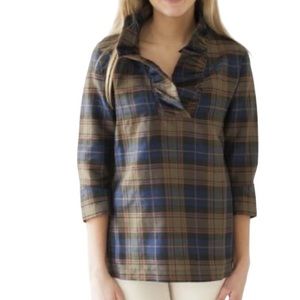 Devon Baer Silk Olive Green & Navy Blue Plaid Ruffle Blouse - S